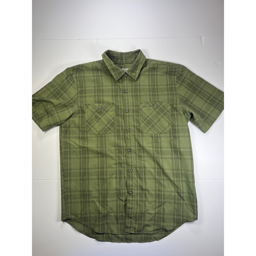 Orvis Mens M Olive Green Plaid Short Sleeve Button Front Shirt Classic Coll